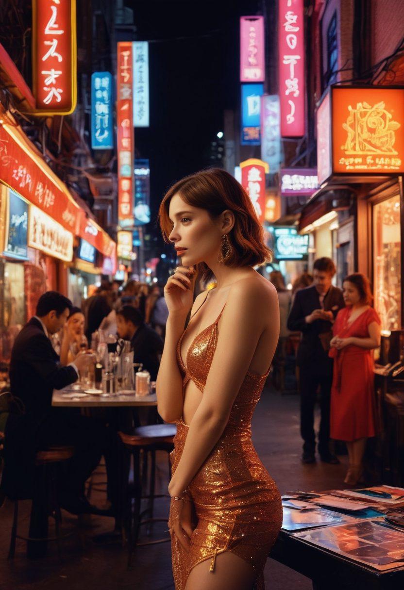 A captivating collage illustrating the multifaceted adult industry: a vibrant film set with cameras and lights, an artist sketching designs for costumes, an intimate gathering of diverse individuals discussing cultural impact, and iconic cityscape elements symbolizing nightlife. Include subtle hints of glamour and realism, showcasing the human side behind the scenes. super-realistic. vibrant colors. cinematic style.