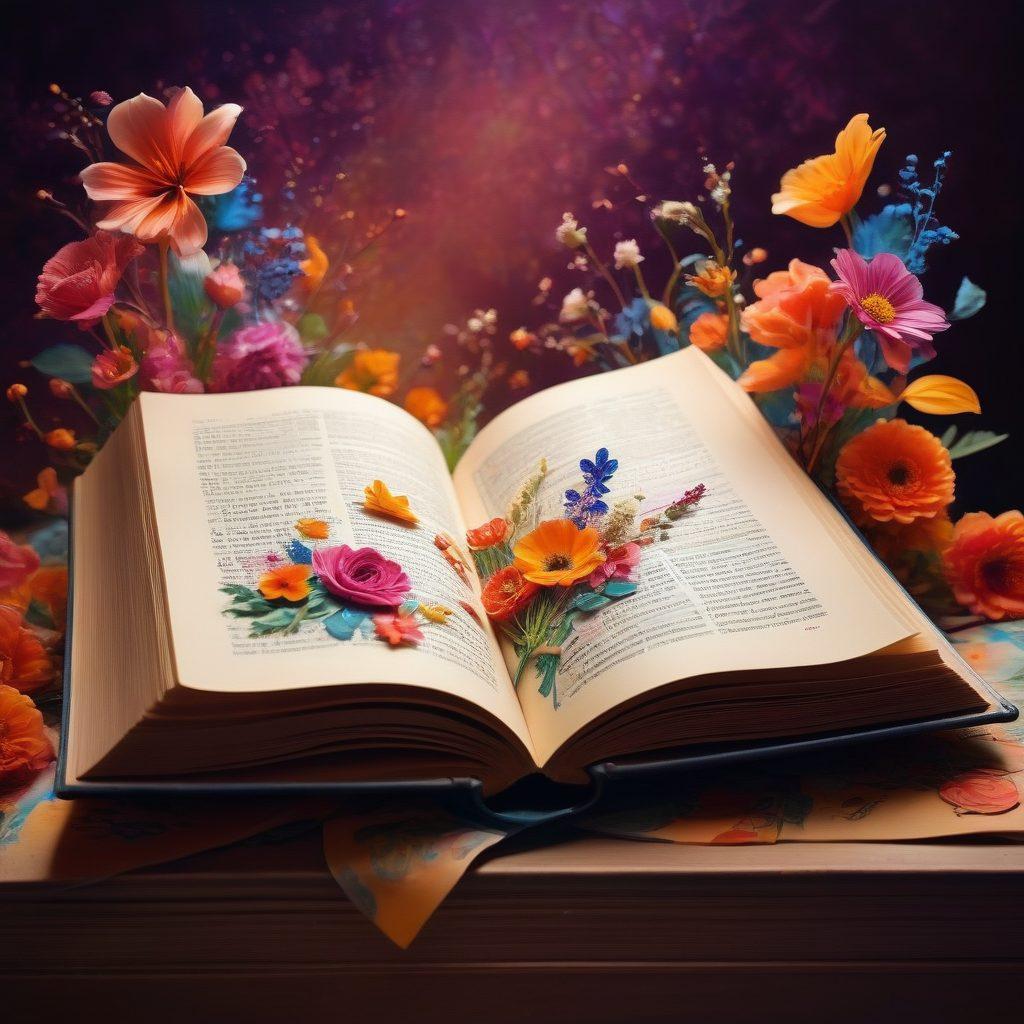 A surreal illustration depicting an open book with vibrant pages fluttering in the wind, showcasing symbols of both erotic art and wellness. Surrounding the book are delicate flowers symbolizing growth and enlightenment, against a backdrop of abstract shapes representing taboo concepts transforming into knowledge. Soft, warm lighting highlights the contrast between the sensual and the educational. whimsical art style. vibrant colors. soft focus.